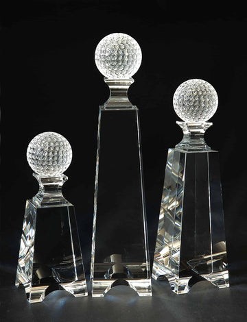 golf tournament tower award, crystal golf ball on tower with legs customizable with texts and logos